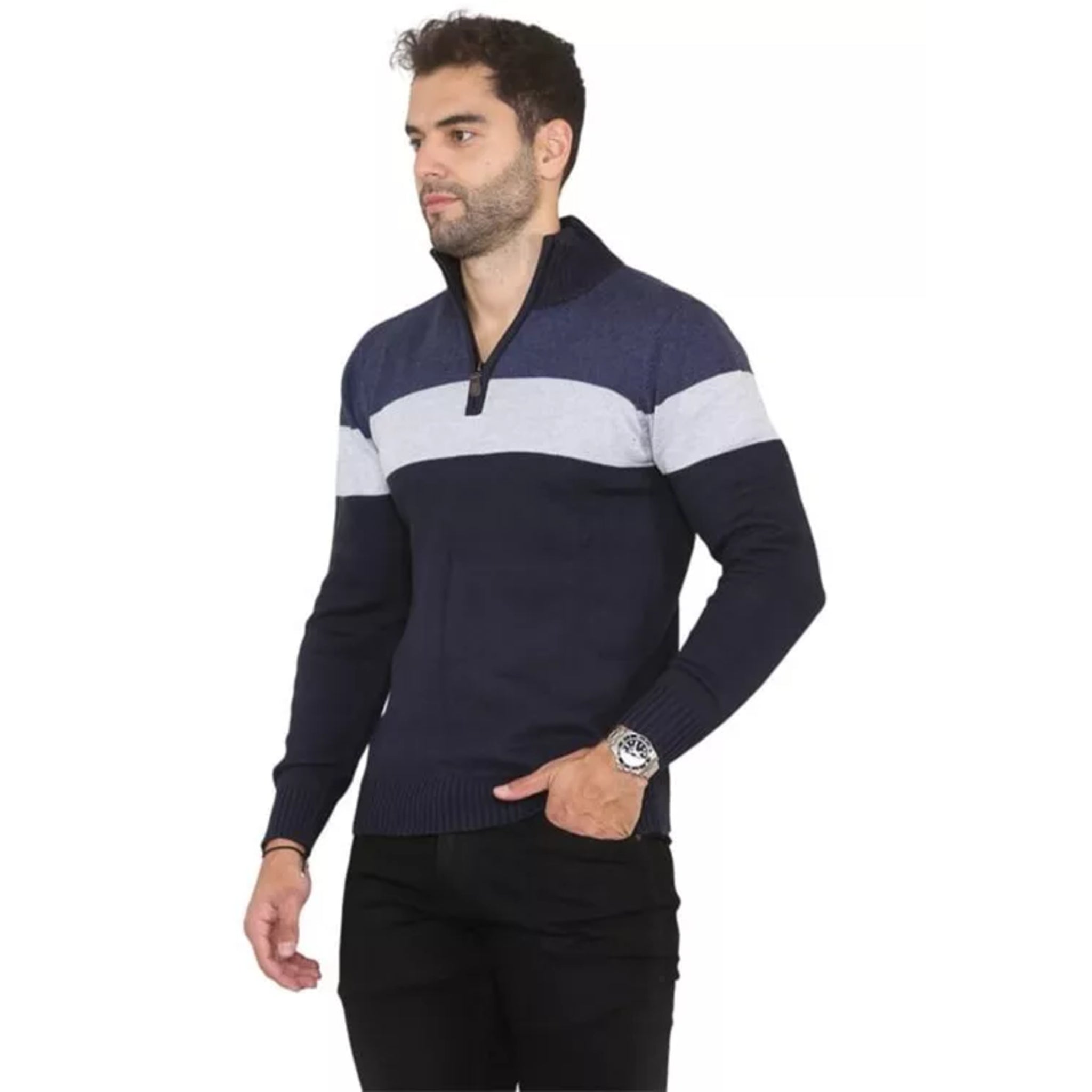 Men's blue and grey colour block 1/4 zip cotton jumper with high collar